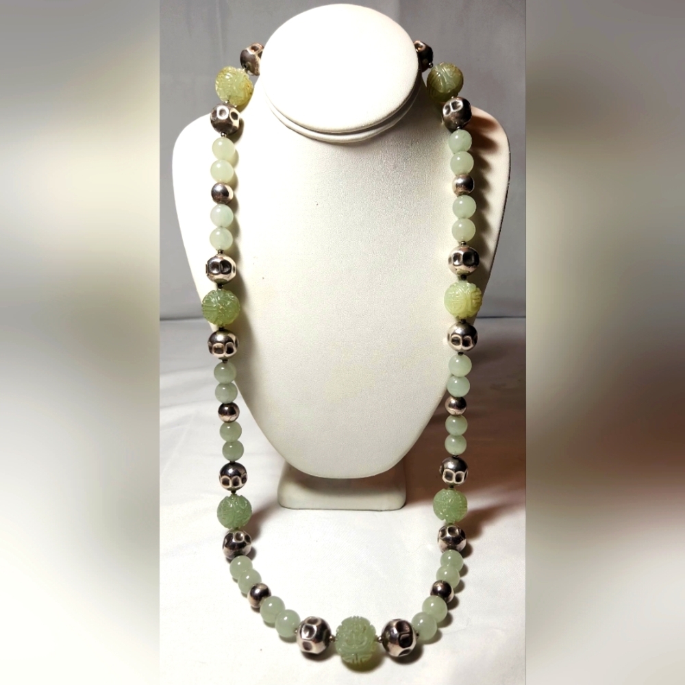 Vintage Natural Carved Jade & Hammered Sterling Silver Beaded Necklace, 34"